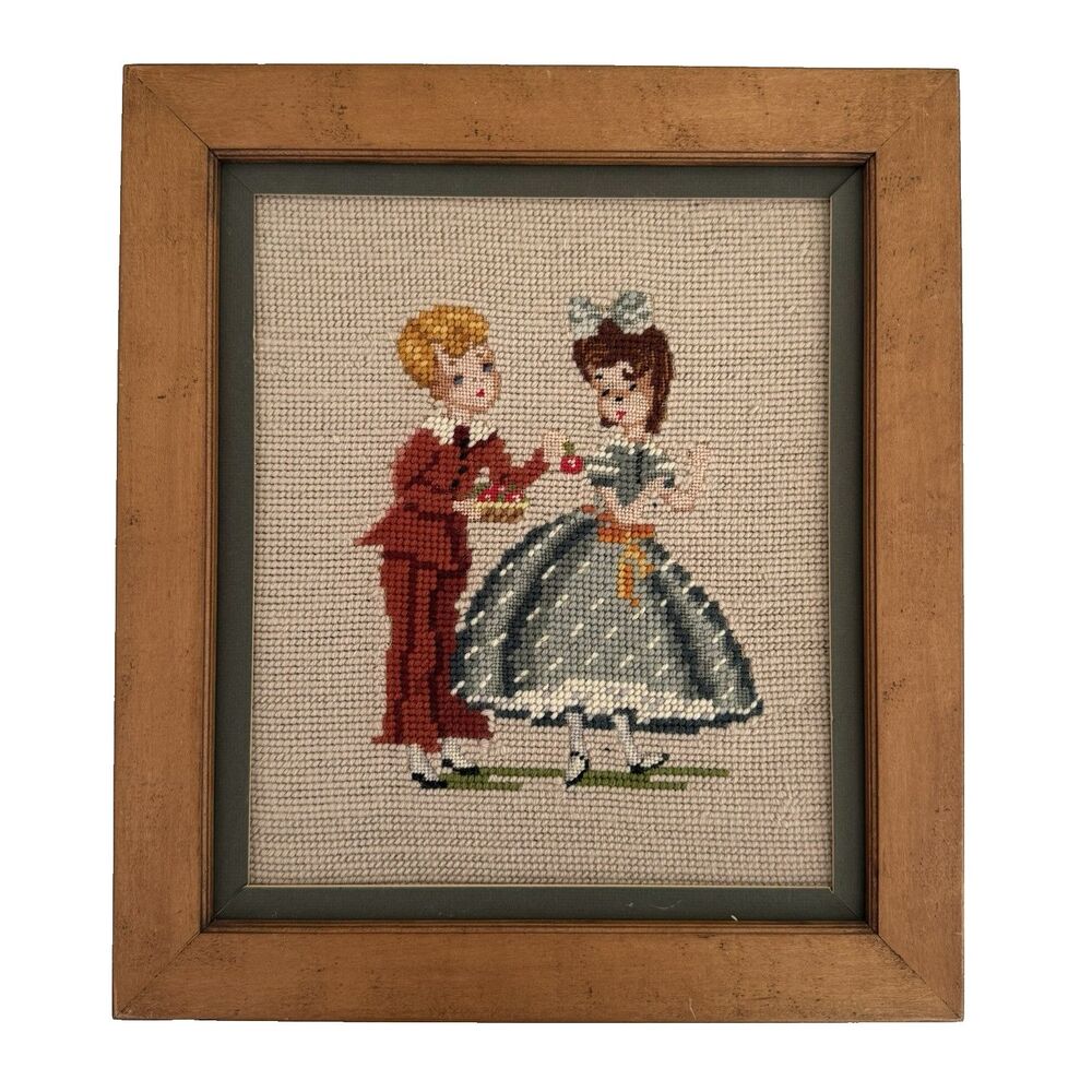 Vtg Framed Needlepoint Colonial Couple Boy Girl Courtship Mid Century Victorian